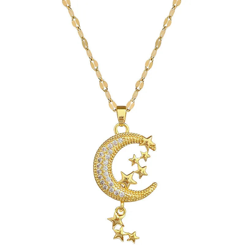 Moon pendant necklace with geometric stainless steel chain and copper pendant