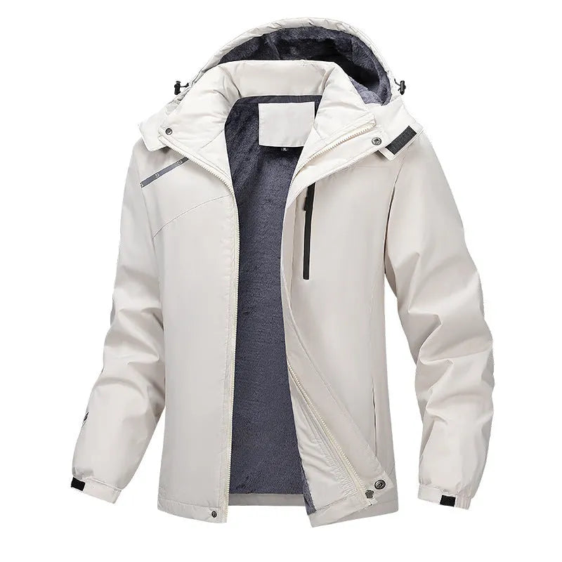 Men's army green plus size waterproof hooded coat on a hanger