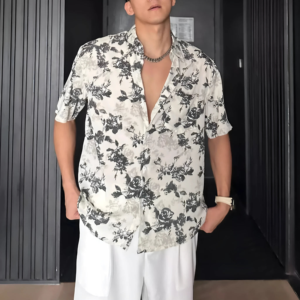 Loose fit floral printed short sleeve shirt in white or black with pendant-style front