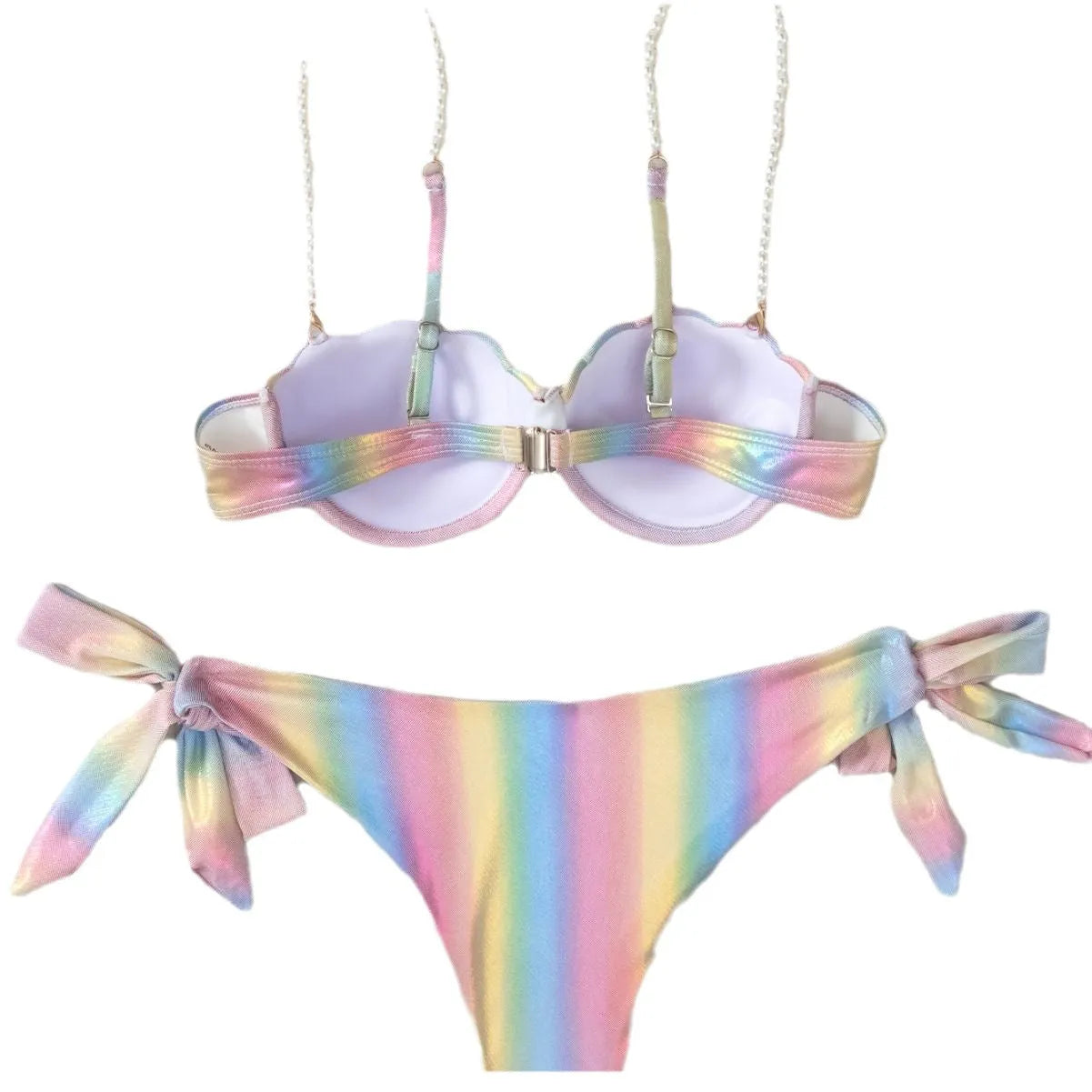 Women's rainbow split tied bikini swimsuit made from polyester fabric.