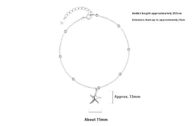 S925 sterling silver anklet with starfish charm and round beads