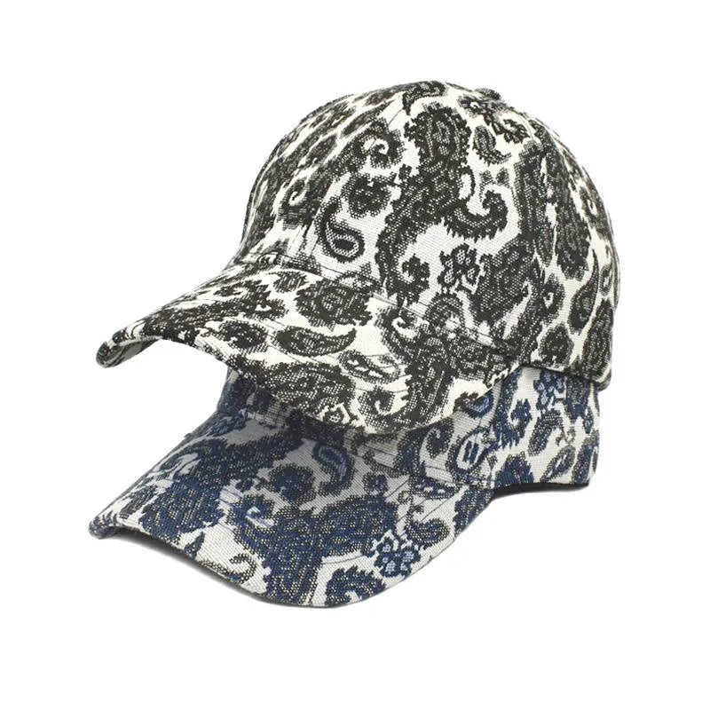 Polyester baseball cap with a paisley pattern print in blue, featuring a dome crown.