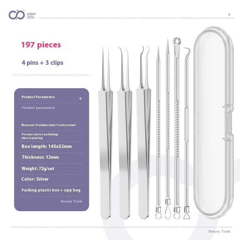Four silver metal acne needles with pointed tips laid out on a surface.