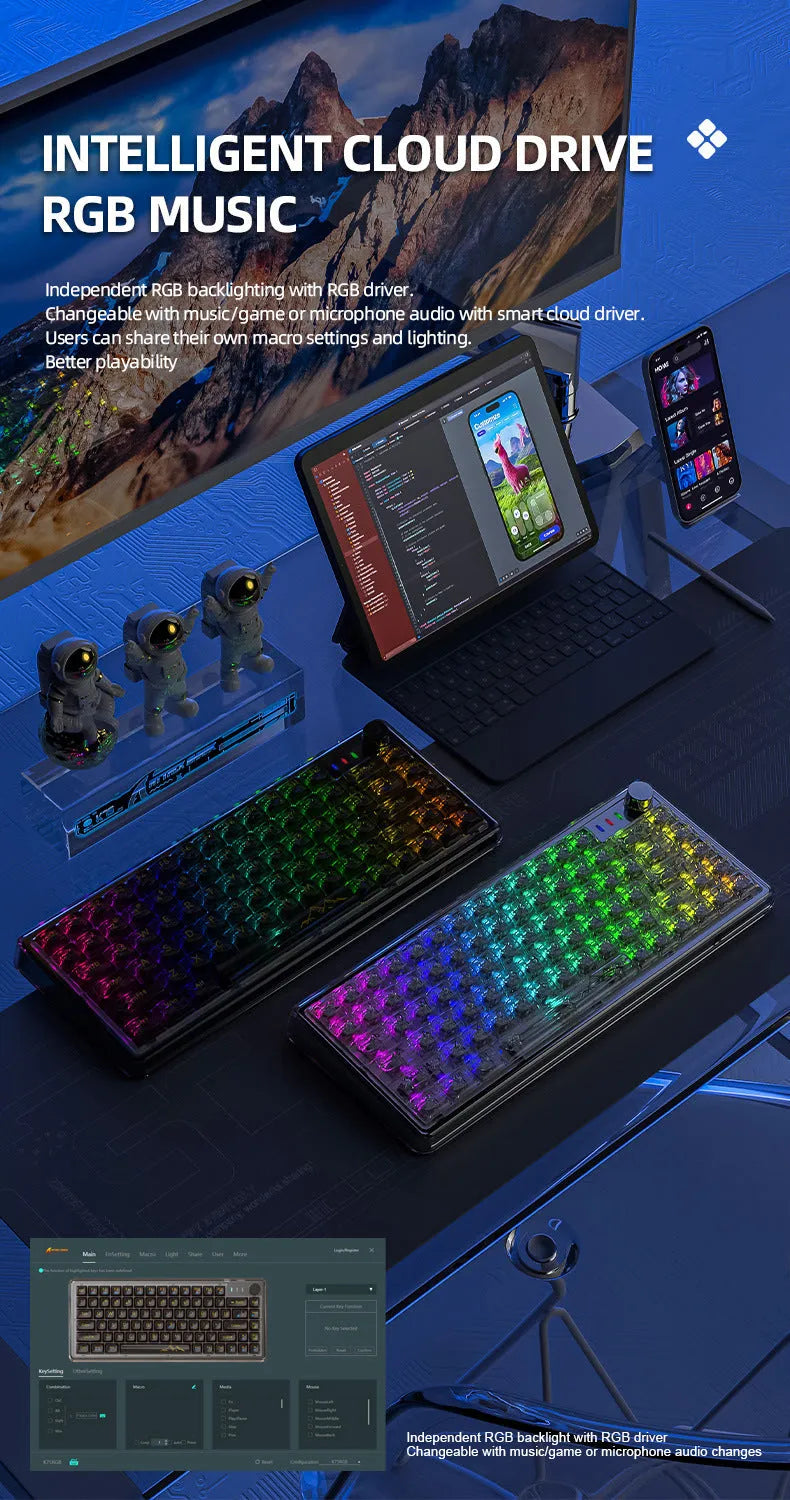 Attack Shark K75RGB transparent wireless mechanical keyboard with RGB lighting on a desk.