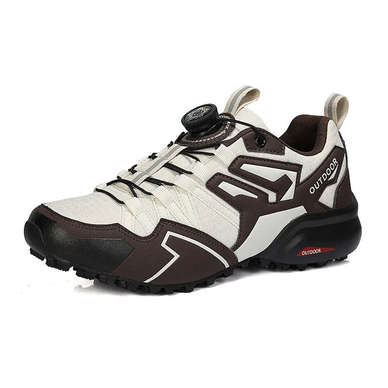 Men's beige off-road hiking shoe with an elastic band closure and natural rubber sole.