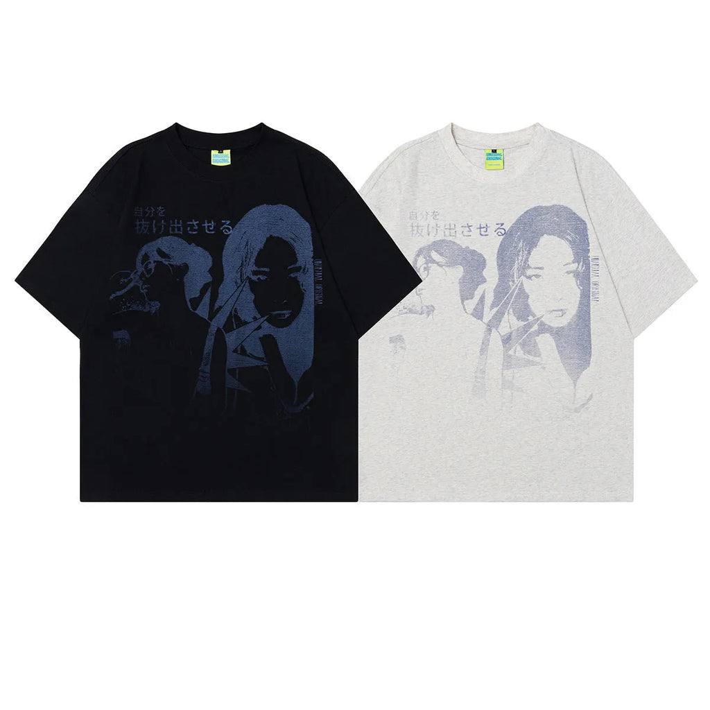 Men's grey retro character design T-shirt with short sleeves and loose fit