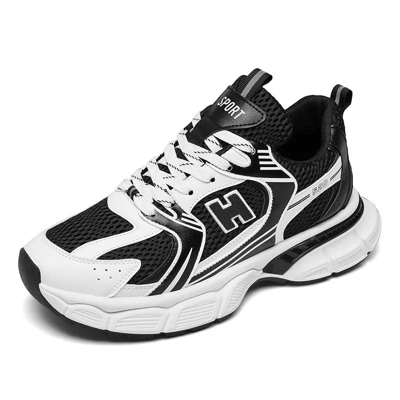 Men's solid colour mesh running shoes with a plastic sole, shown in black, white and grey, and white and orange.