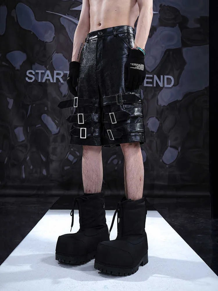 Men's black PU leather cropped shorts with medium low waist design