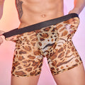 A pair of men's leopard print boxer shorts made from nylon fabric.