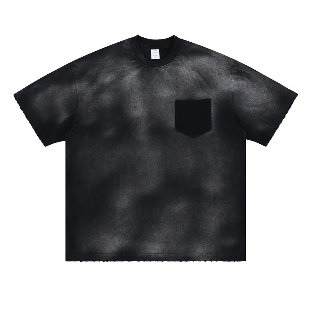 Black cotton men's t-shirt with printed letter design and loose fit short sleeves