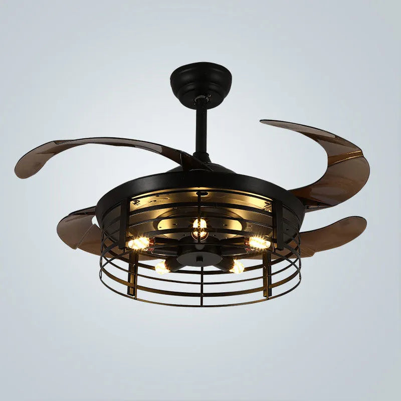Industrial ceiling fan lamp with integrated lighting and acrylic blades in American retro style