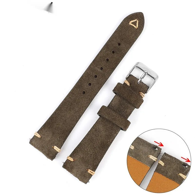 Suede genuine leather watch strap in brown, blue, gray, and Army Green colours for 20mm and 22mm watches