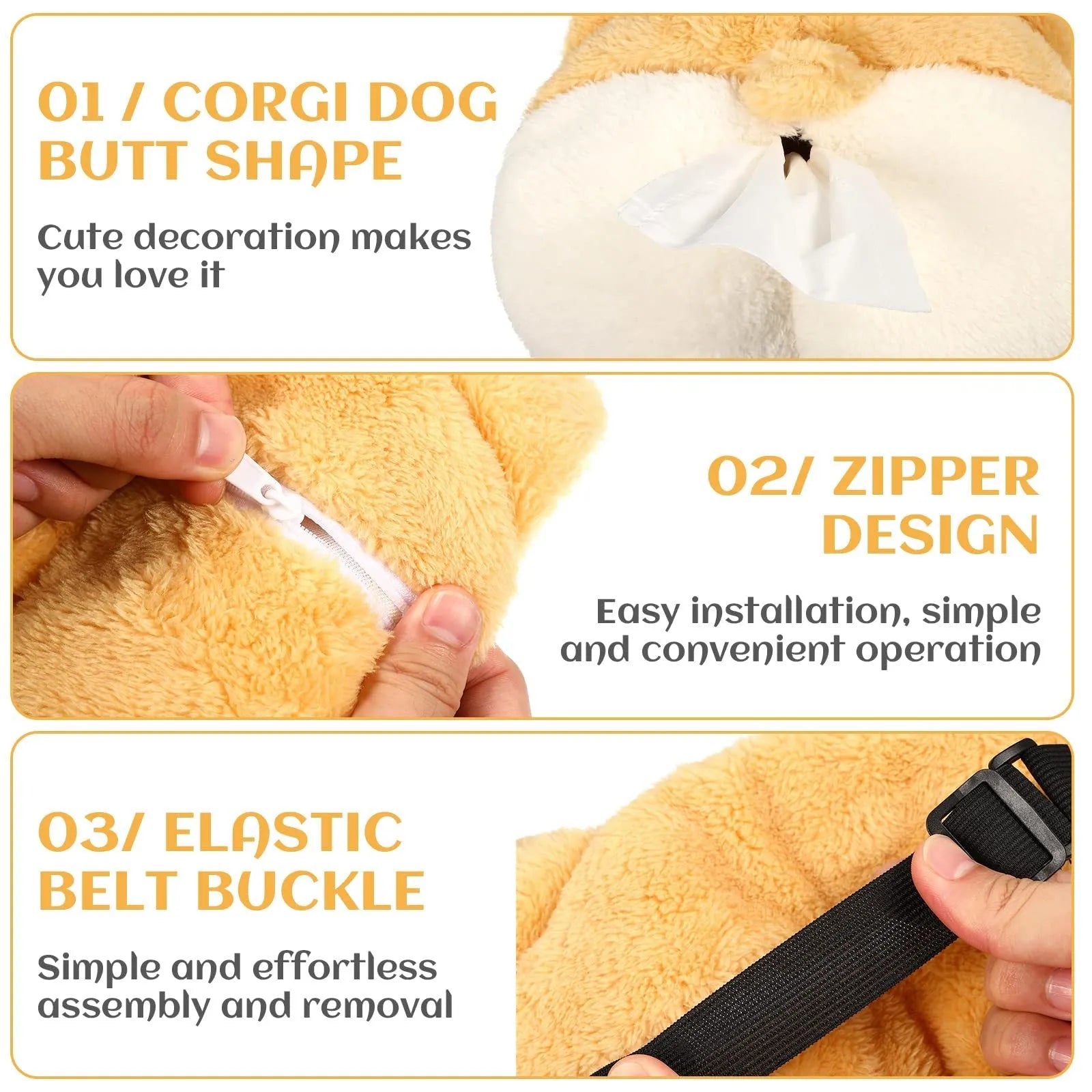 Soft yellow Corgi butt shaped tissue box cover with elastic strap for car sun visor