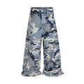Snow camouflage blue loose fit jeans with mid waist design in cotton elastic denim fabric