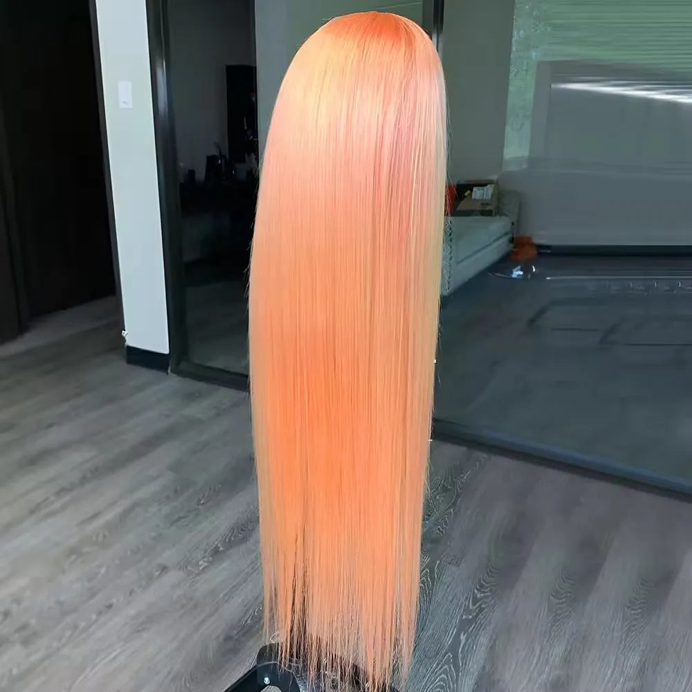 Light orange long straight synthetic wig with front lace and side bangs on a mannequin head.