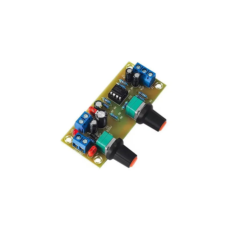 Front stage audio bass boost circuit board on FR-4 PCB with potentiometers