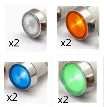 10mm stainless steel edge plastic indicator light with wire, shown in available colours.