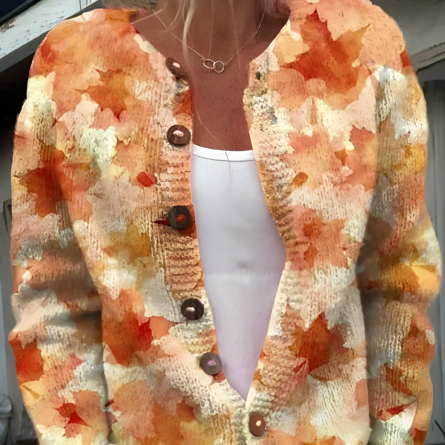 Yellow women's knitted cardigan coat with a raised 3D pattern, shown unbuttoned.