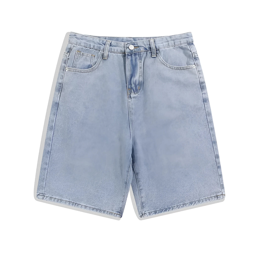 Men's straight-leg denim shorts in light blue on a mid waist model