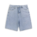 Men's straight-leg denim shorts in light blue on a mid waist model