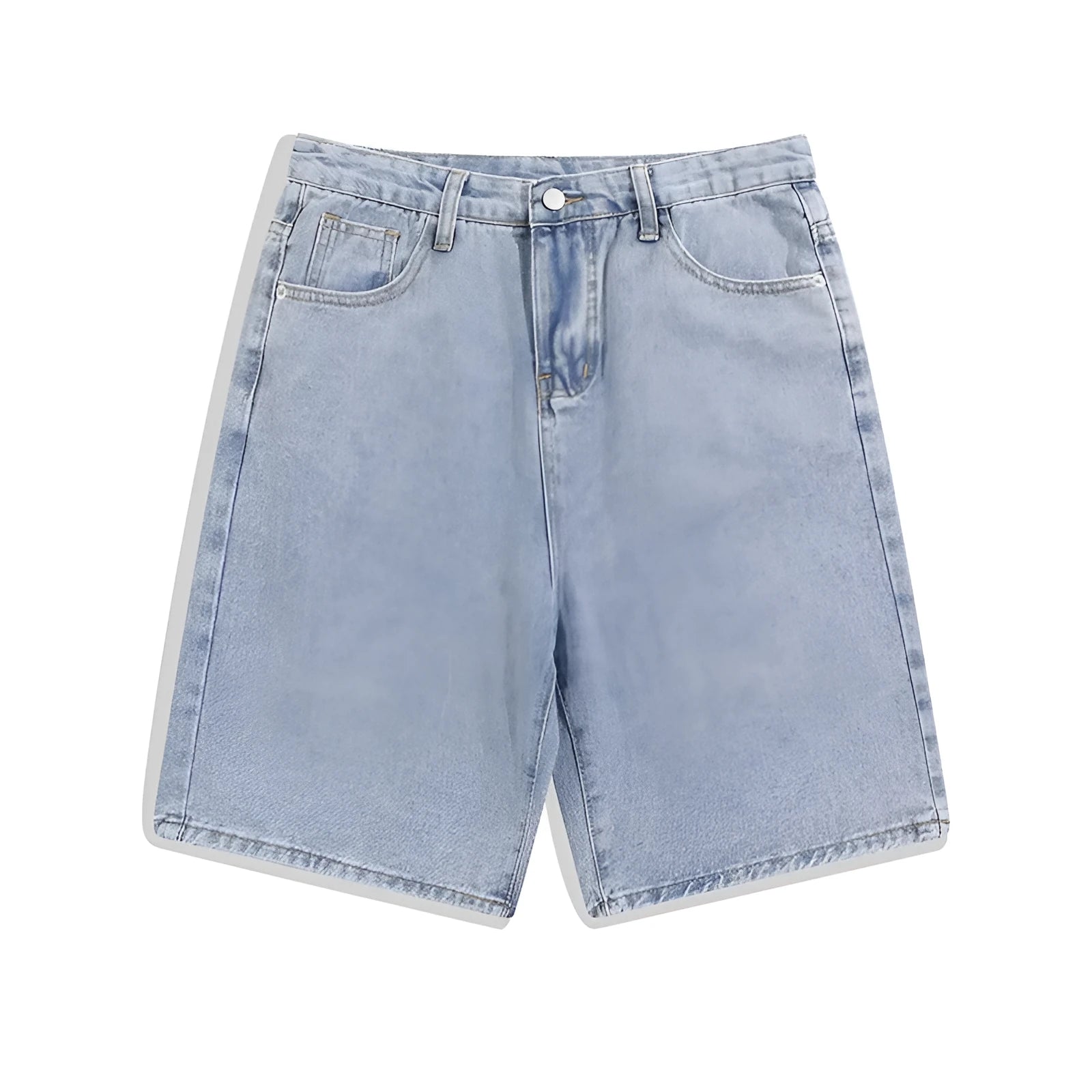 Men's straight-leg denim shorts in light blue on a mid waist model