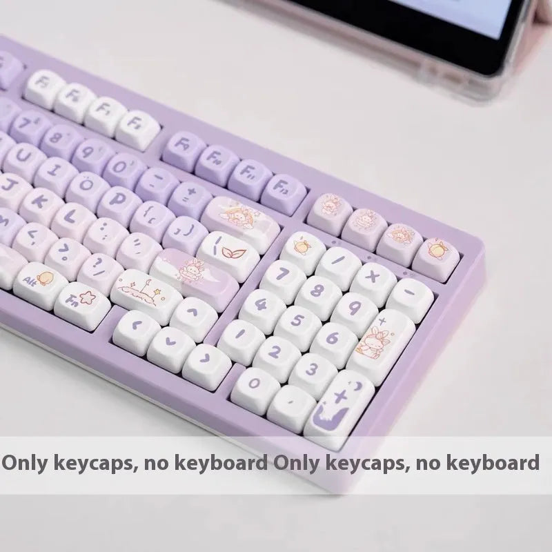 Gradient purple PBT keycap set with rabbit artwork for mechanical keyboard customisation.