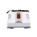 White intelligent window cleaning robot for high-rise glass surfaces, showing control app and water spray ports.
