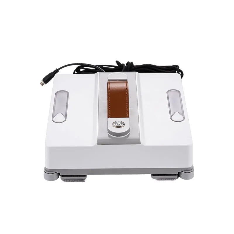 White intelligent window cleaning robot for high-rise glass surfaces, showing control app and water spray ports.