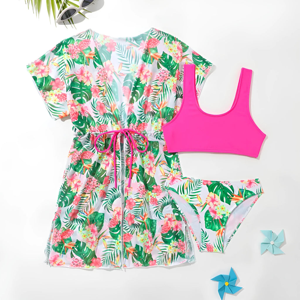 Girls' floral print two-piece swimsuit set with matching briefs for swimming