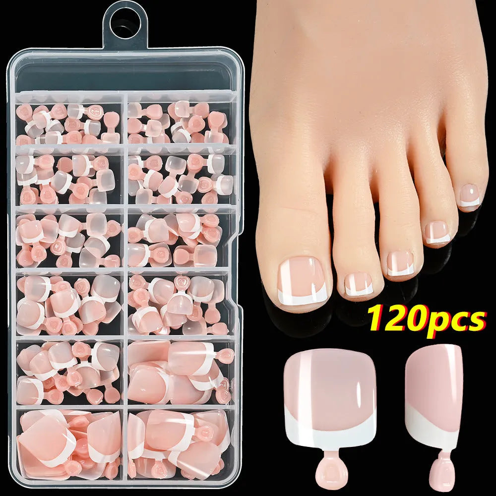 Box of 120 French tip artificial toenails in full square short shape with nine nude colour options