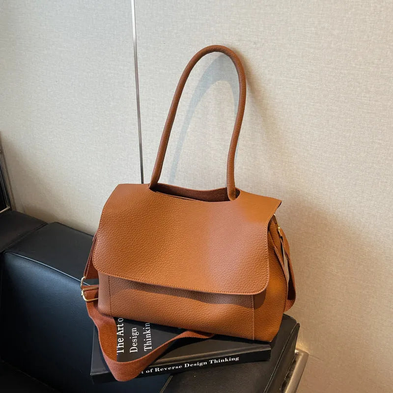 Vintage PU leather tote bag with adjustable double straps in horizontal square shape