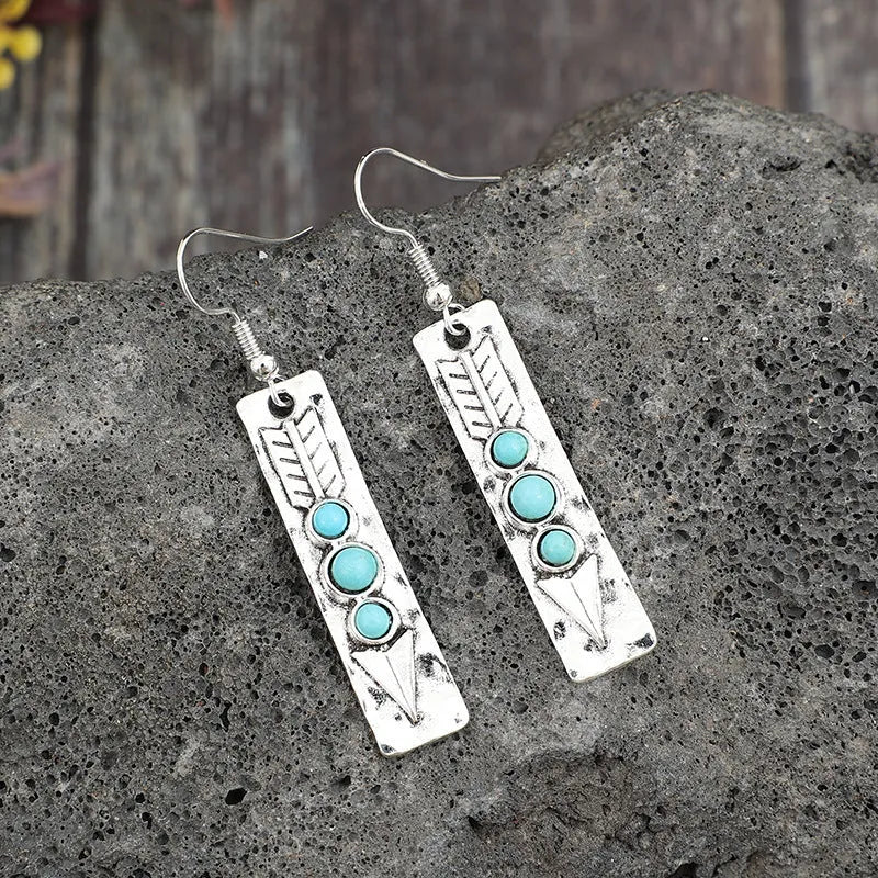 Silver geometric earrings with long strip design and turquoise inlay for women