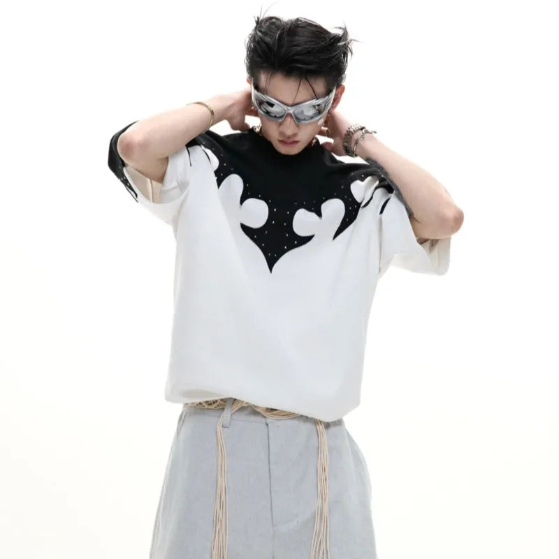 Men's grey cotton T-shirt with 3D burnt flower stitching and rhinestone decoration on chest