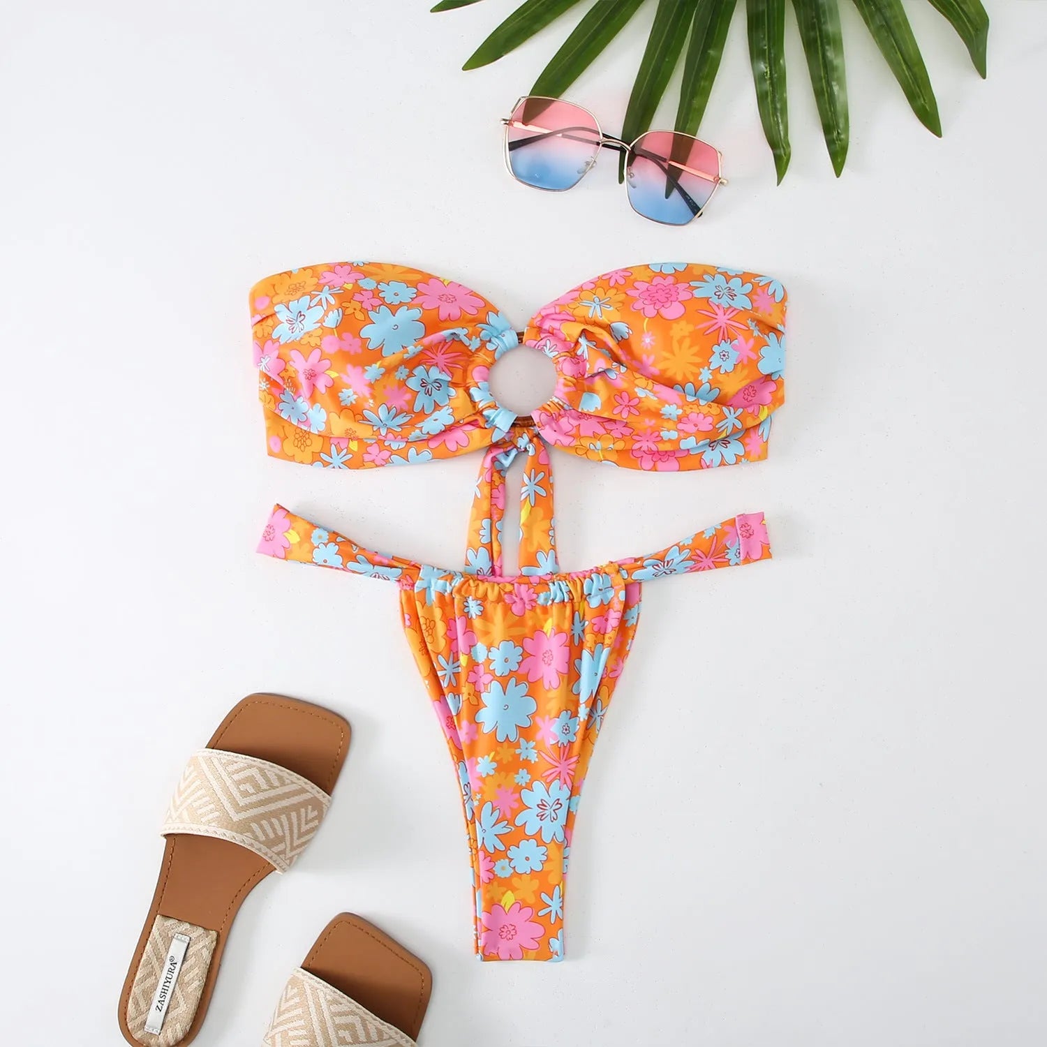 Women's floral print tube top ring bikini swimsuit with backless design in polyester and spandex