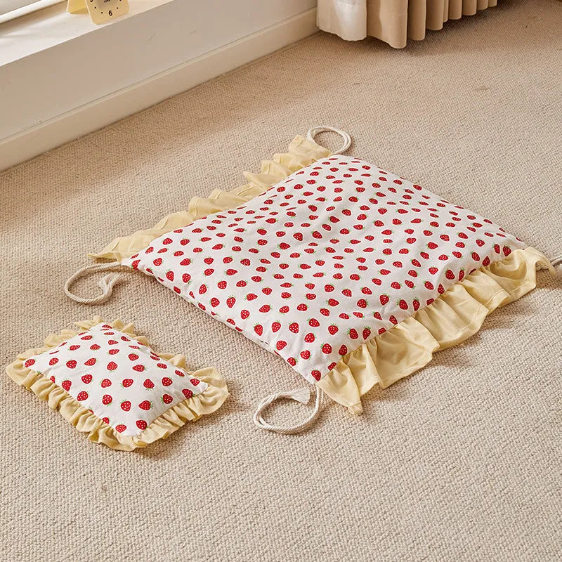 Wooden dog bed with removable cover in colourful pattern, suitable for medium to large dogs.