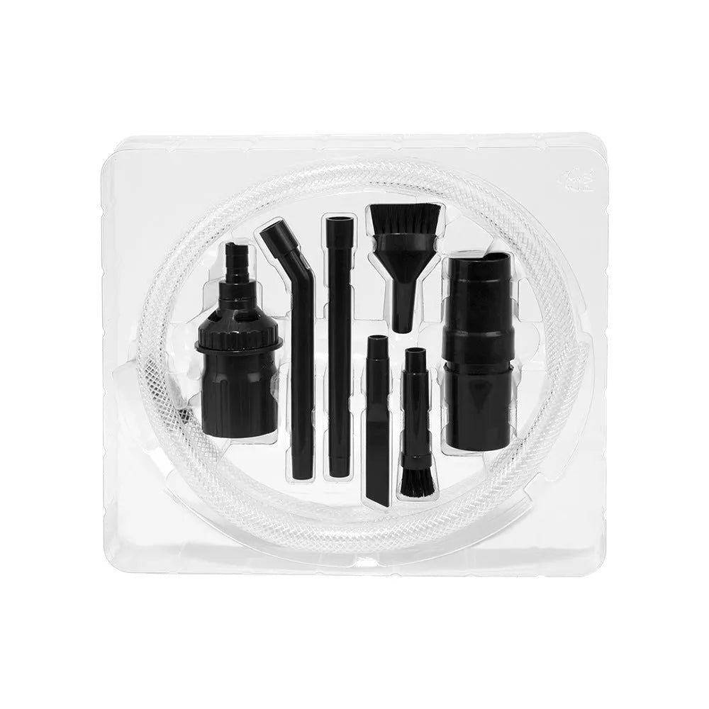 Eight-piece vacuum cleaner accessory set with multiple small suction heads for detailed cleaning