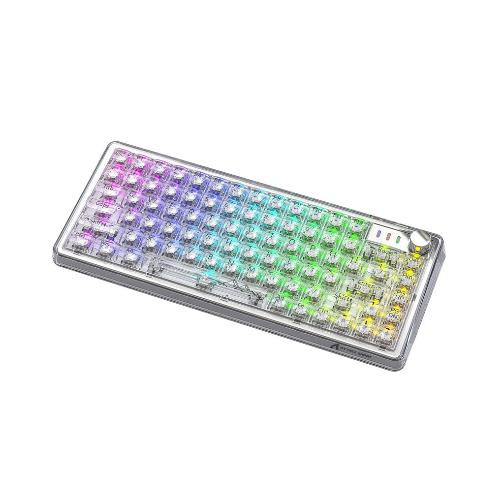 Attack Shark K75RGB transparent wireless mechanical keyboard with RGB lighting on a desk.