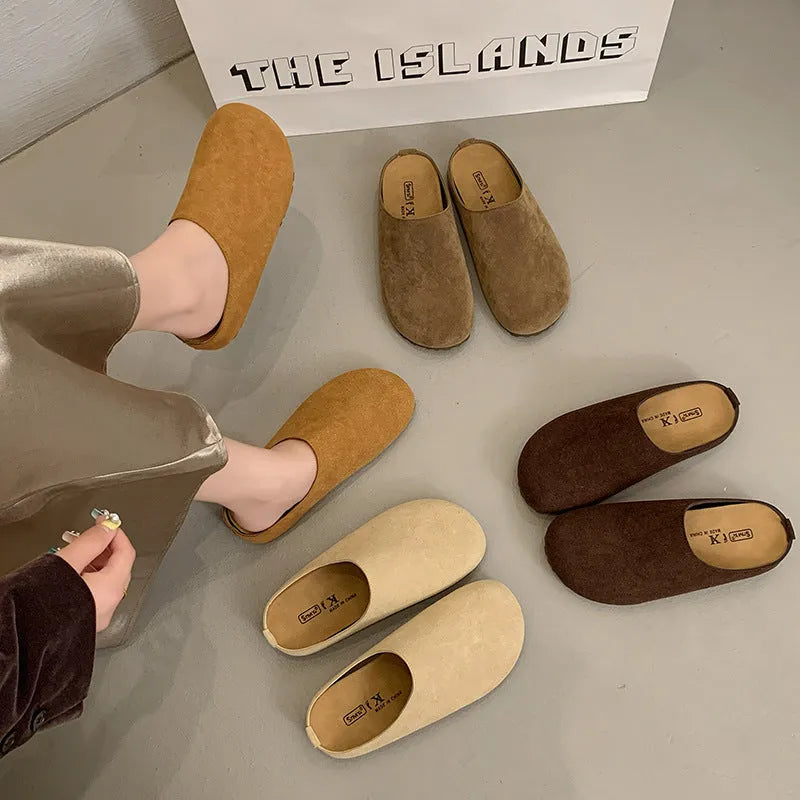 Korean-style square toe slippers in apricot colour with microfiber upper and slip-on design