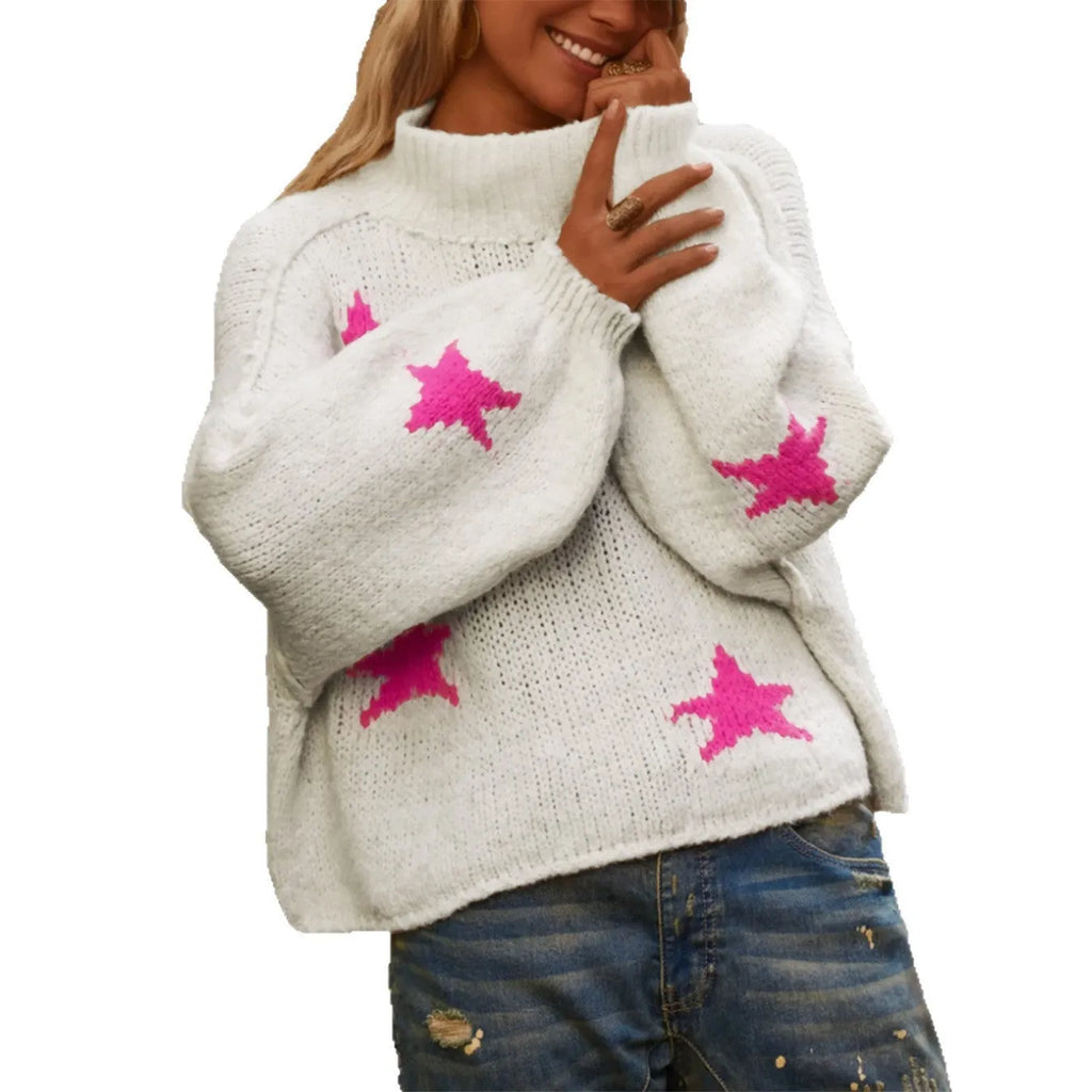 White women's pullover sweater with star pattern on thick imitation velvet fabric, loose turtleneck design