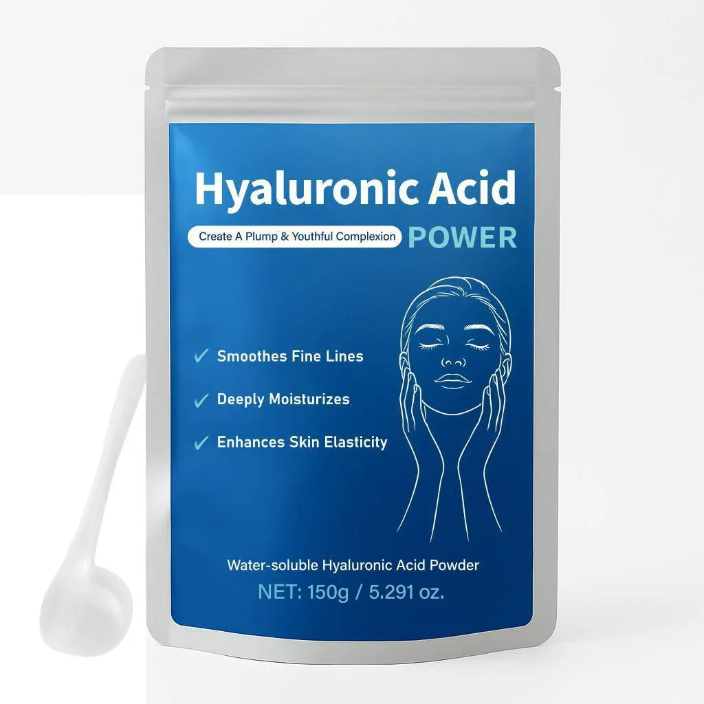 Container of pure hyaluronic acid powder, 150g net content, for DIY skincare formulations.
