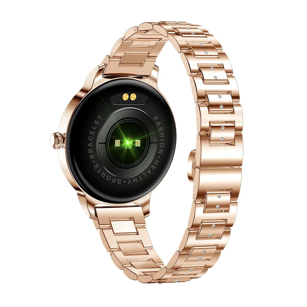 AK38 ladies smart watch with stainless steel bracelet and 1.09-inch colour touchscreen displaying smartphone notifications