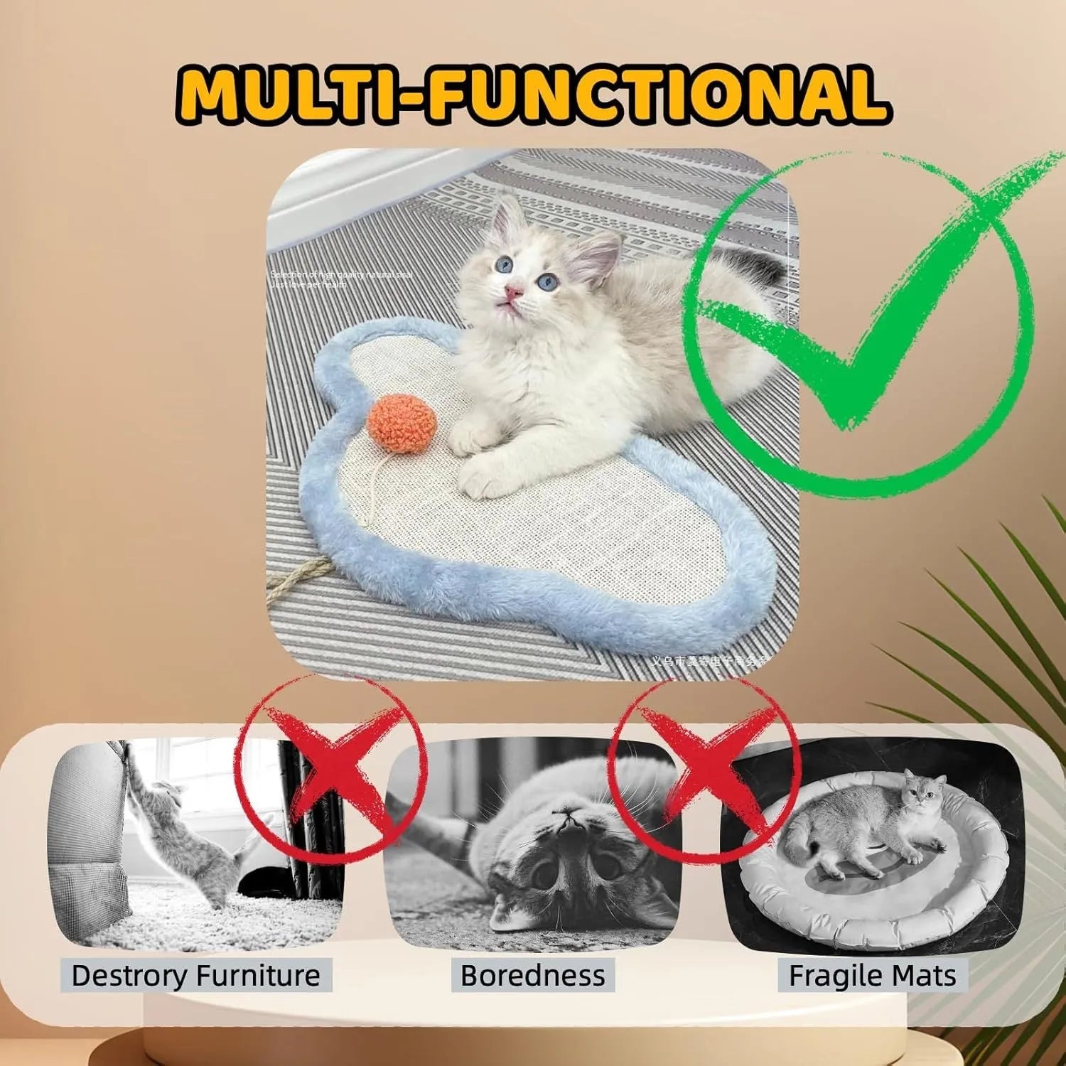 White wall mounted cat scratching mat with cartoon sleeping cat design made from natural sisal.