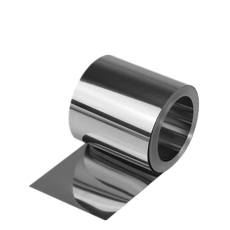 Close-up of a rolled 304 stainless steel strip with leather backing, showing various thickness and width options on a workshop bench.