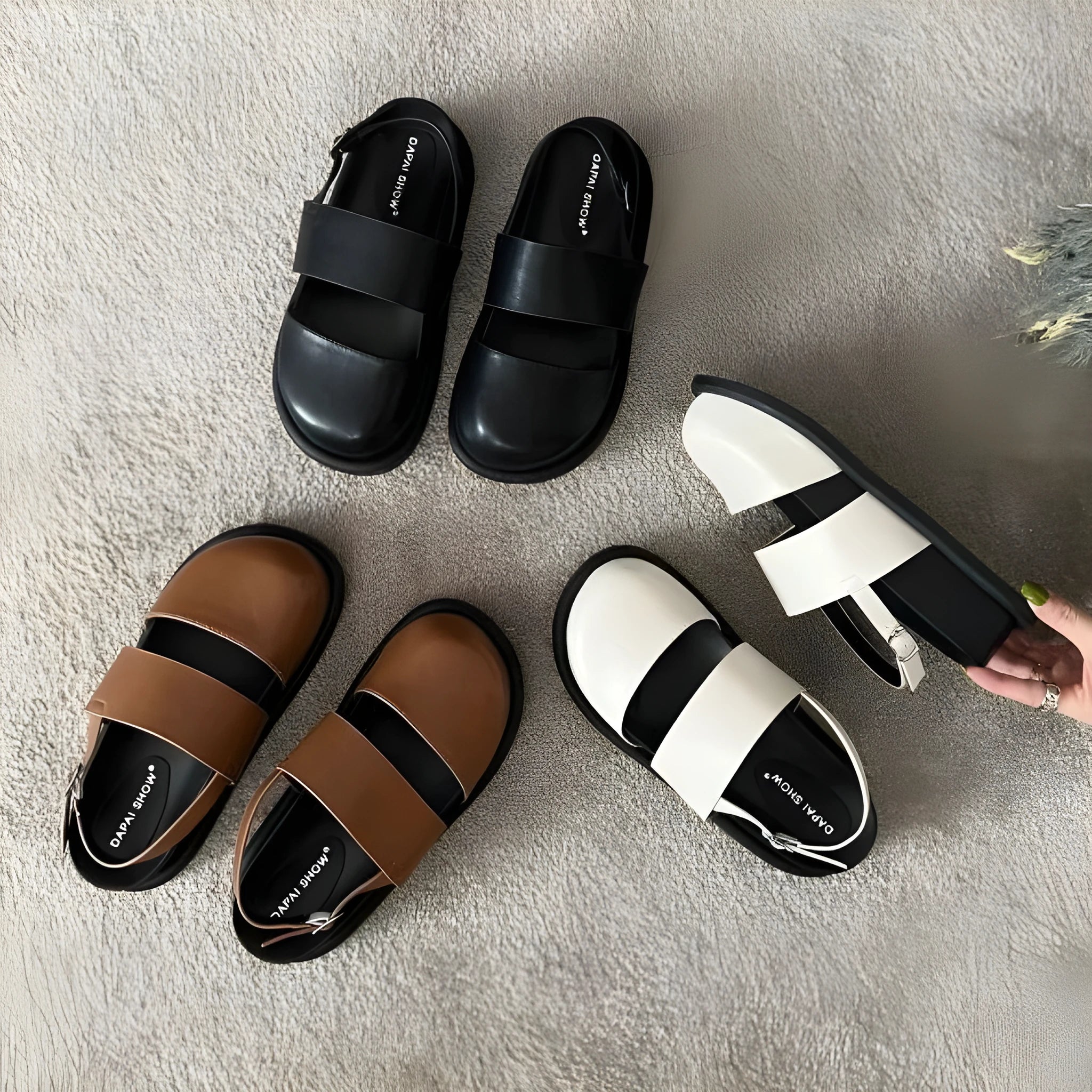 Retro one-strap sandals with buckle closure and breathable closed-toe design in microfiber