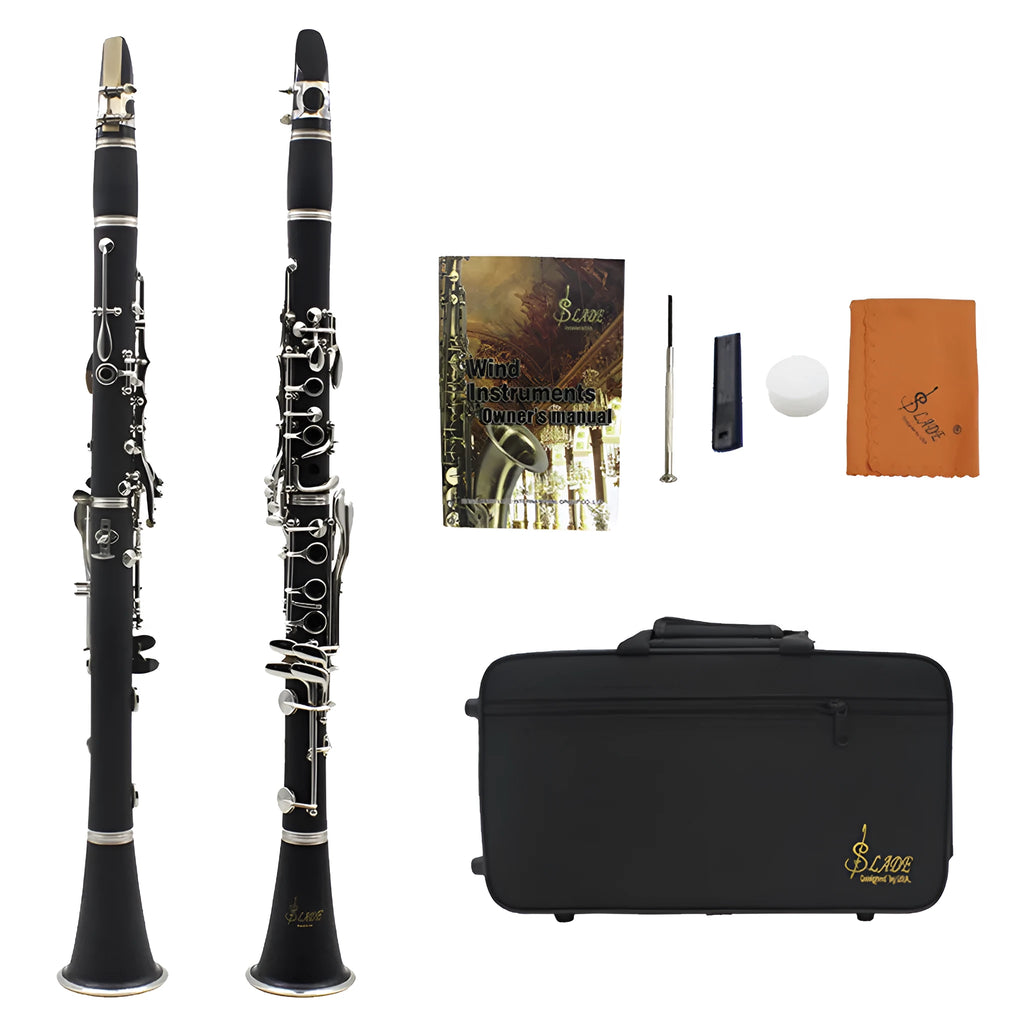 Black Bb clarinet with nickel-plated keys and included carry bag for beginner musicians