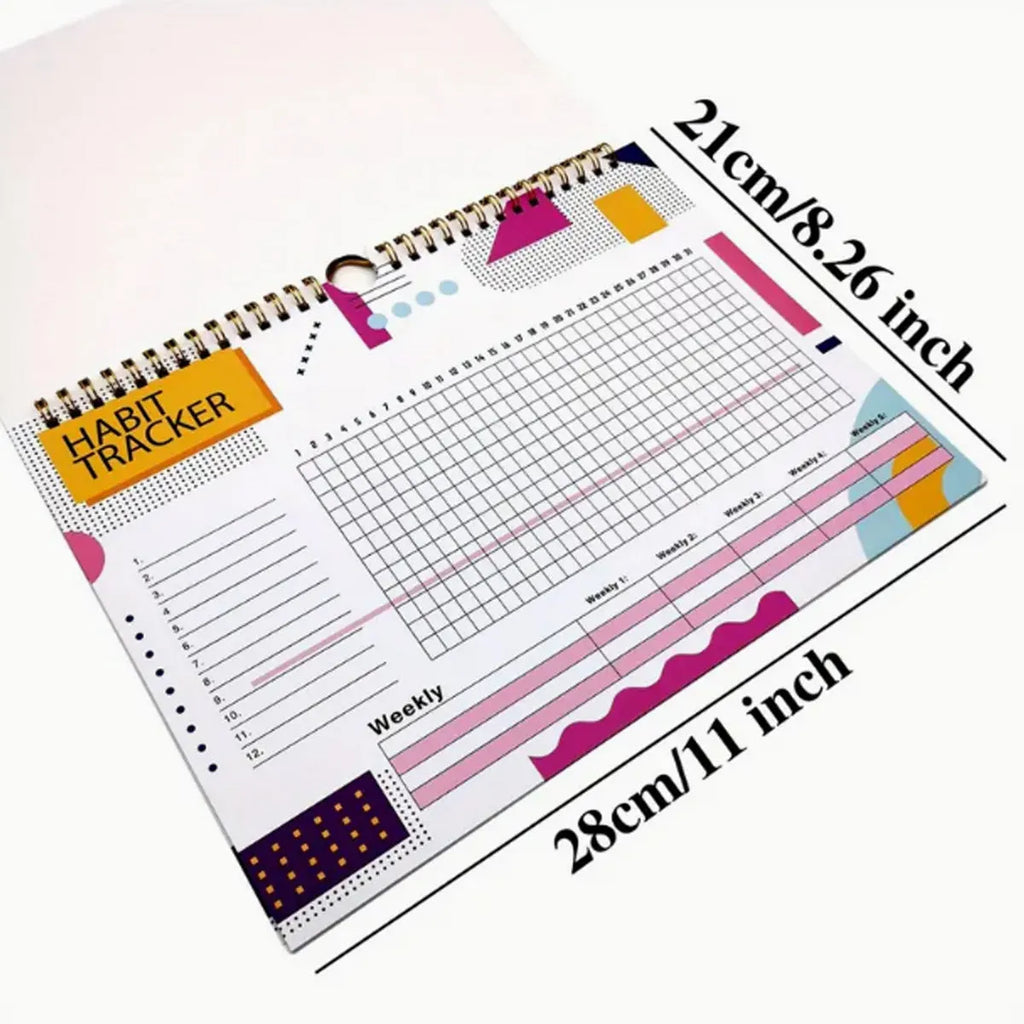 Habit tracking book with 12 pages showing colour options and 21x28cm size