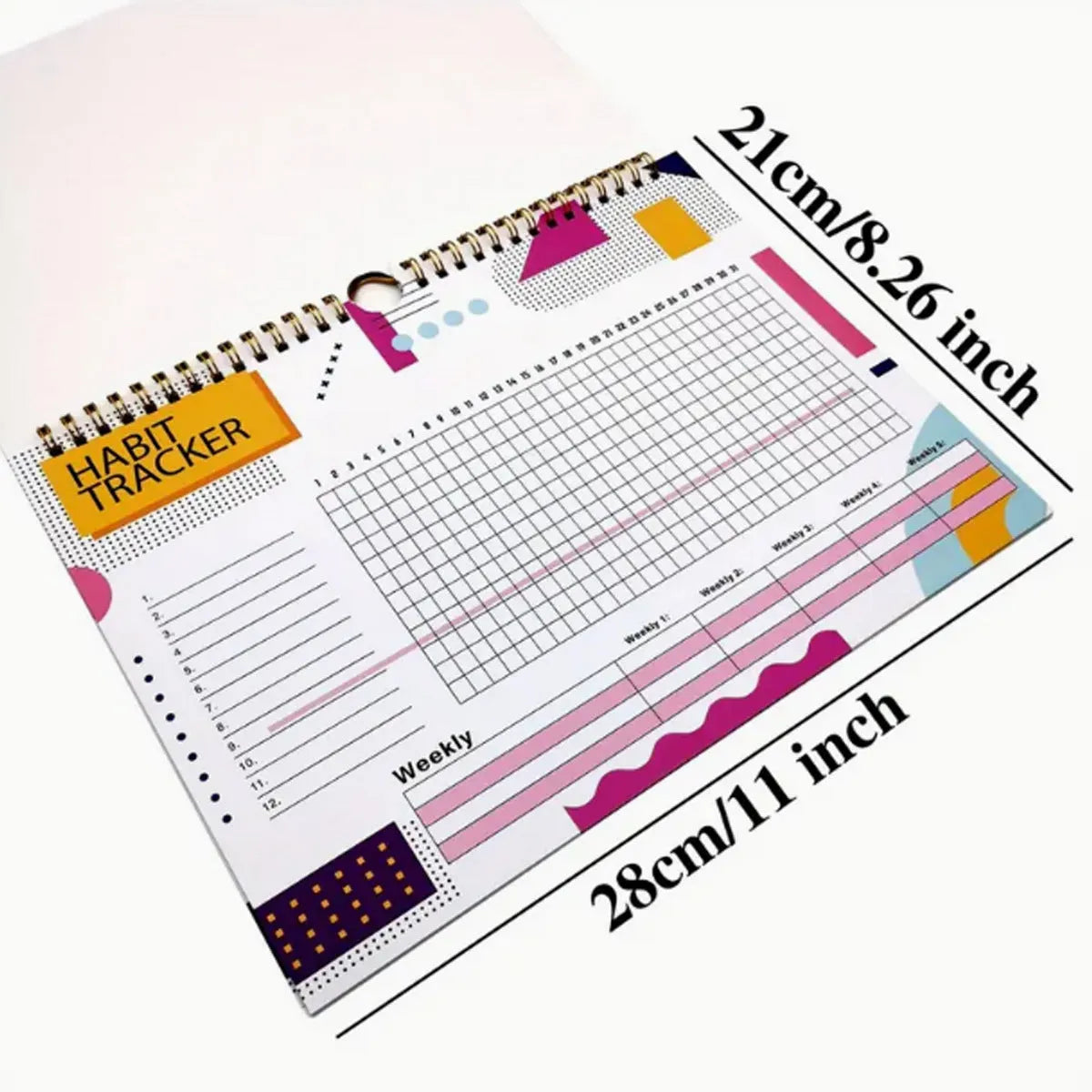 Habit tracking book with 12 pages showing colour options and 21x28cm size