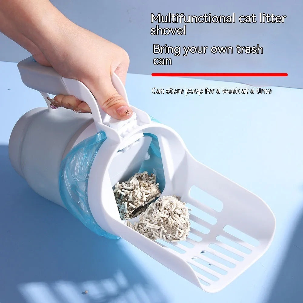 Grey foldable cat litter scoop with built-in waste bin and refill bags for cats and dogs.