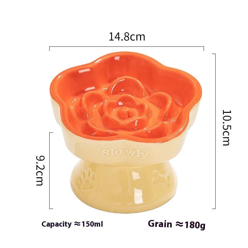 Black ceramic pet bowl with high foot neck protector design for anti-tumble feeding