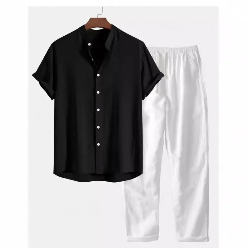 Men's loose fit casual suit with short sleeve shirt and trousers in linen-look polyester fabric